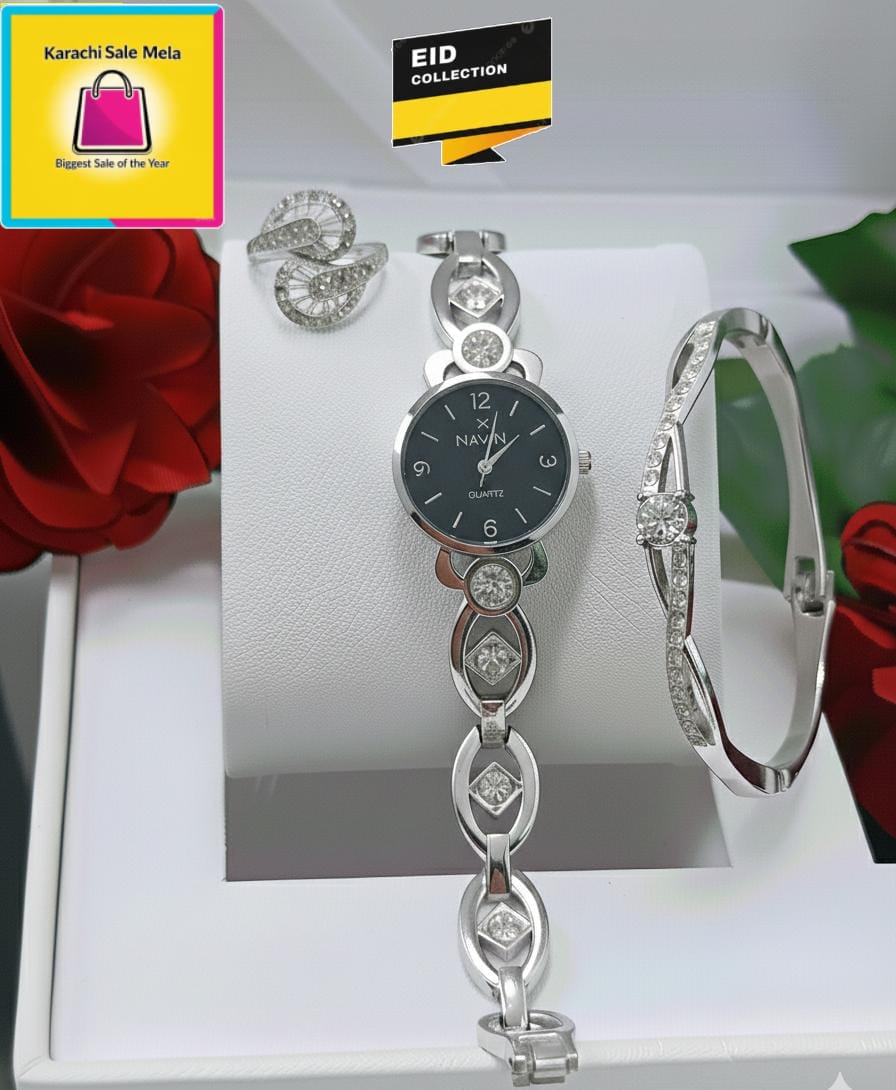 Luxury Women’s Silver Crystal Watch Set – Bracelet + Ring