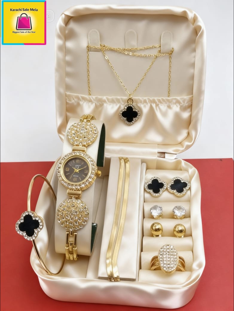 Luxury 7-Piece Golden Watch & Jewelry Set for Women