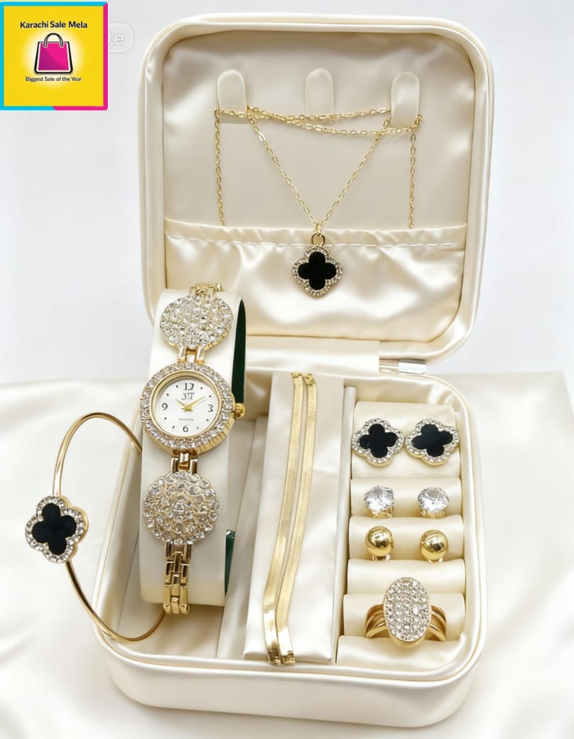 Luxury 7-Piece Golden Watch & Jewelry Set for Women
